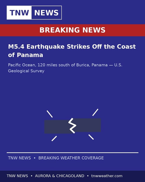 Breaking news alert for a seismic event off Panama's coast displayed on a digital screen.