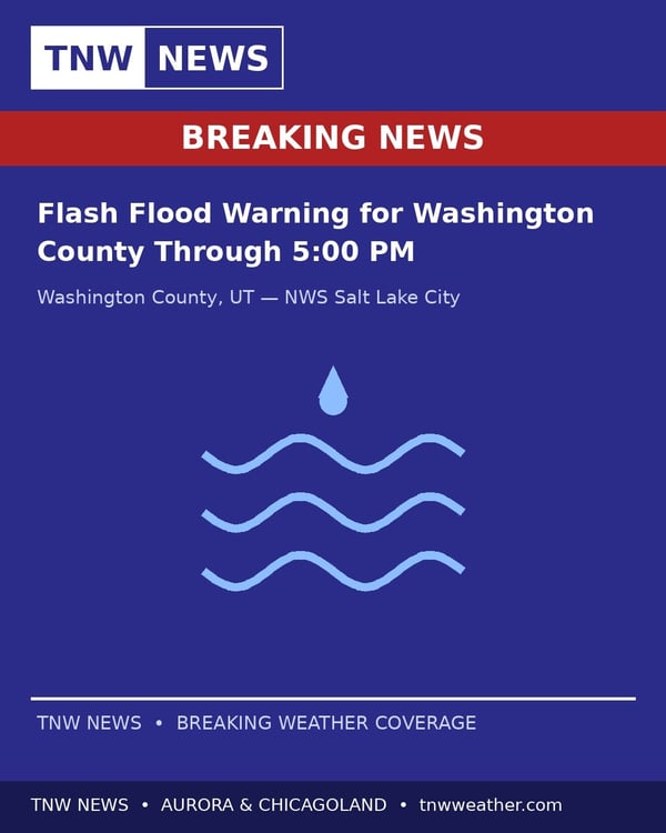 A digital news alert screen showing a flood warning for Washington County, Utah.