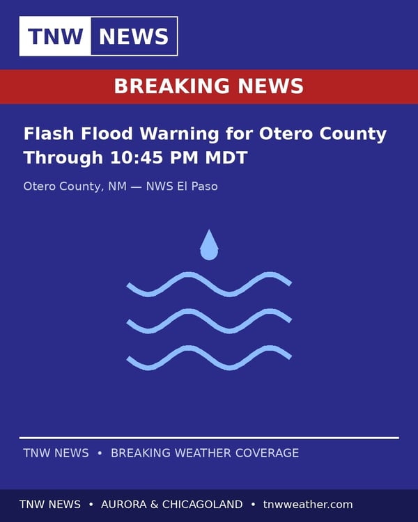 A digital news alert screen showing a flash flood warning for Otero County, New Mexico.
