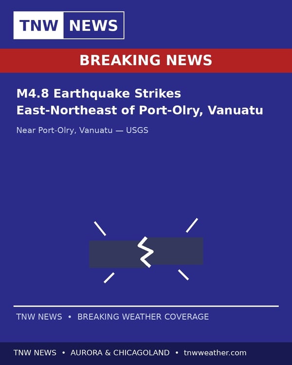 Breaking news alert graphic for an earthquake in Vanuatu