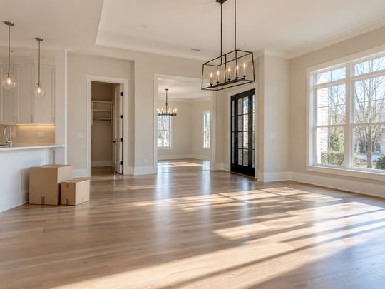Empty hardwood-floored living room with natural light and modern fixtures.