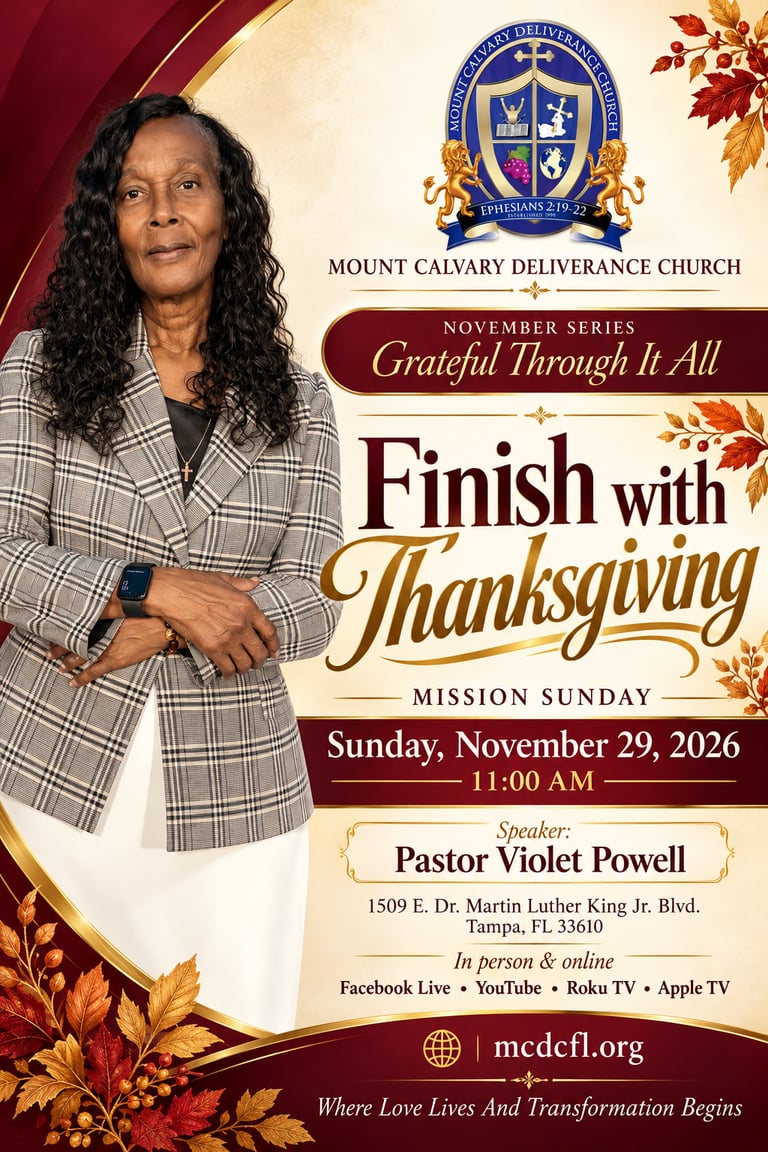 A woman in a plaid blazer stands beside a church event poster.