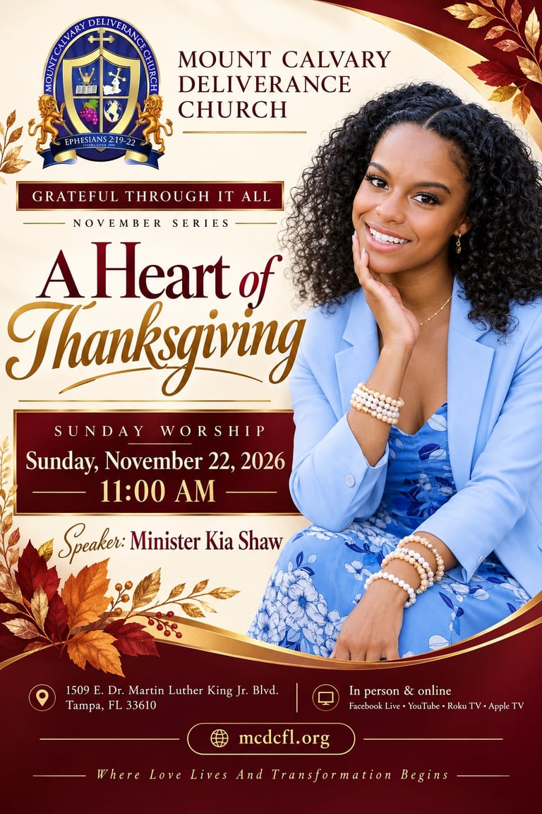 Church event poster featuring a smiling woman in blue attire.