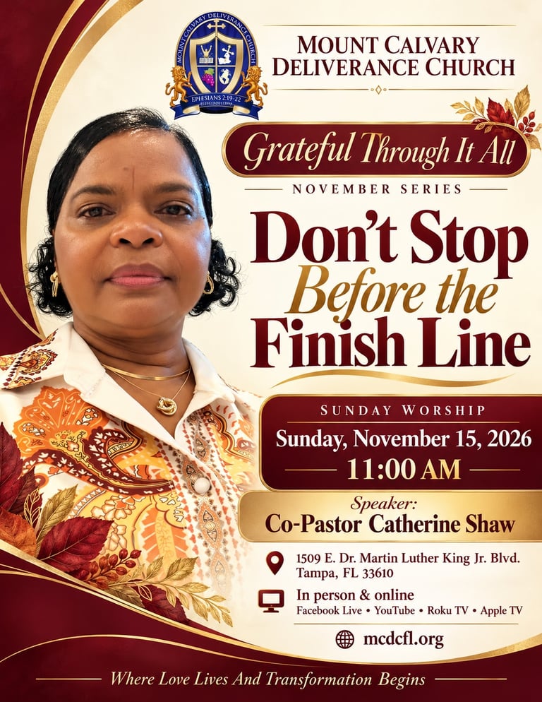 Church leader in patterned blouse on promotional poster for worship service