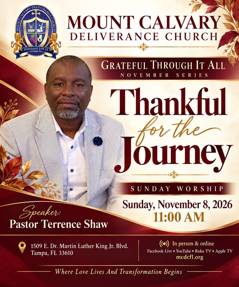 Church event poster featuring a pastor for a November worship service.