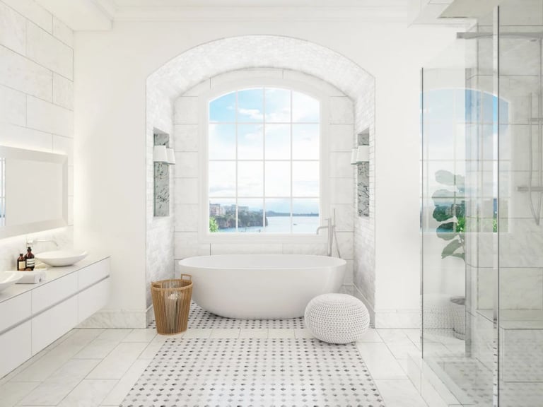 Modern bathroom with freestanding tub, tiled floor, and ocean view through arched window.