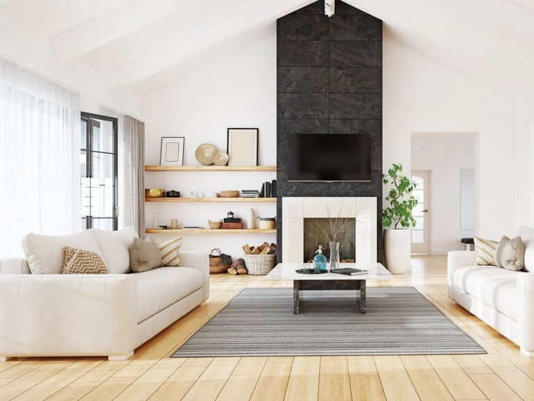 Modern minimalist living room with white sofas, stone fireplace, and wooden floors.