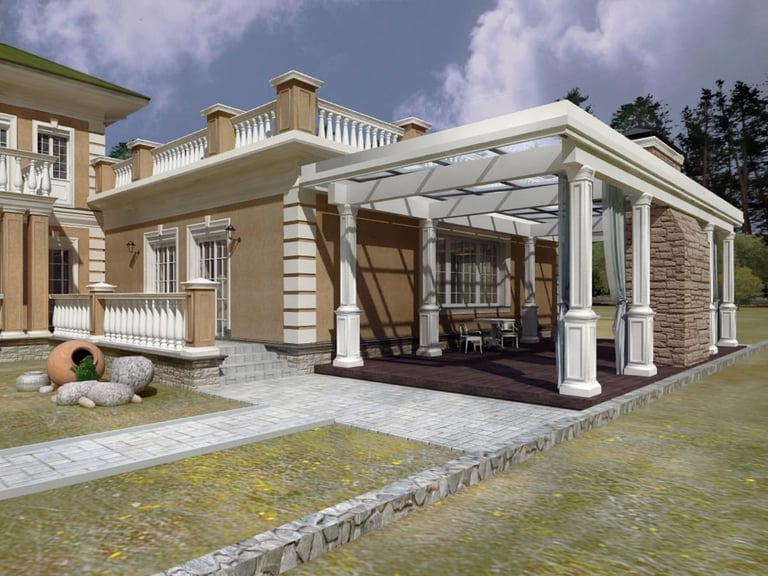 Modern pergola attached to a stucco house with stone accents and paved patio.