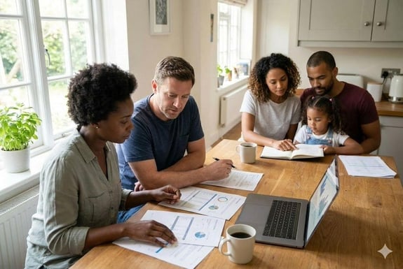 Family reviewing finances together at a kitchen table with laptop and documents.