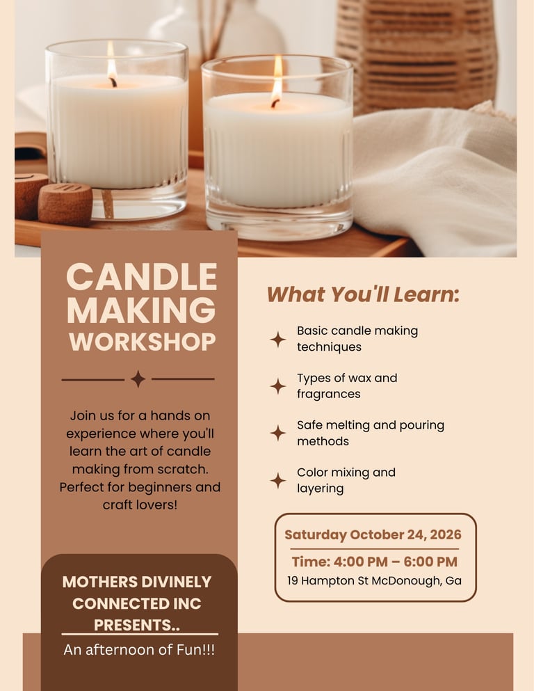 Two lit candles on a wooden tray beside a cream cloth and wicker basket.