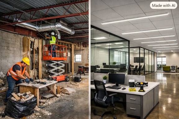 Two contrasting scenes: construction demolition and modern office workspace.
