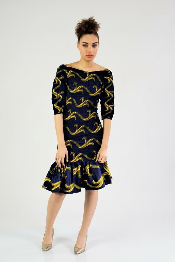 Milika Navy & Gold African Print Peplum Hem Dress by SOSOME