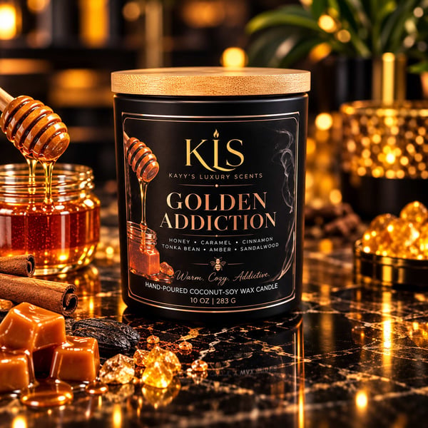 A luxury scented candle in a black jar with gold lid, surrounded by honey and caramel.