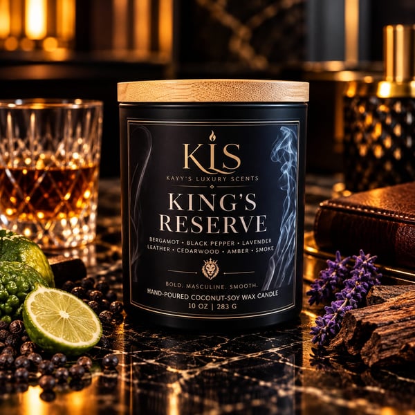 A luxury candle in a black tin with wood lid, surrounded by botanicals and glassware.