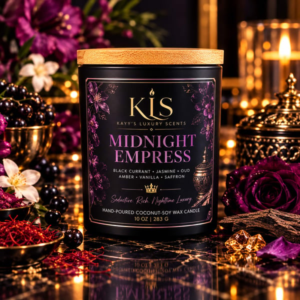 A luxury candle in a black jar with gold lid and purple floral label.