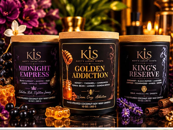 Three luxury scented candles displayed on a reflective surface with floral and candle decor.