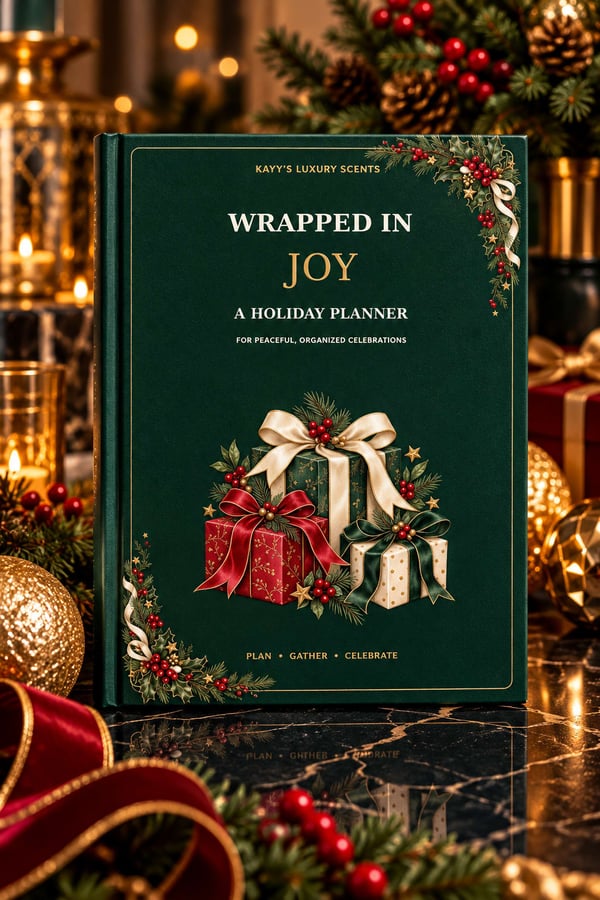 A festive holiday planner book surrounded by Christmas decorations on a marble surface.