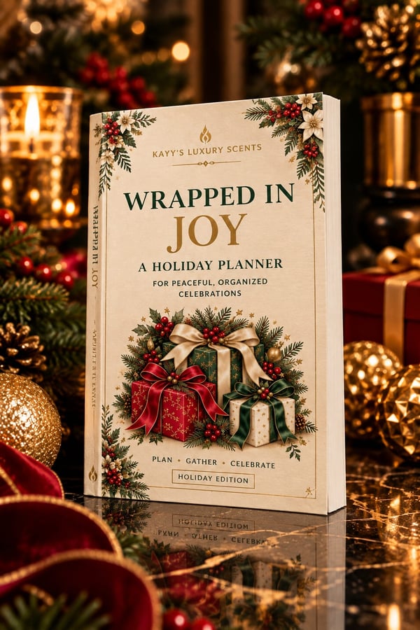 A festive holiday planner book standing upright on a reflective surface.