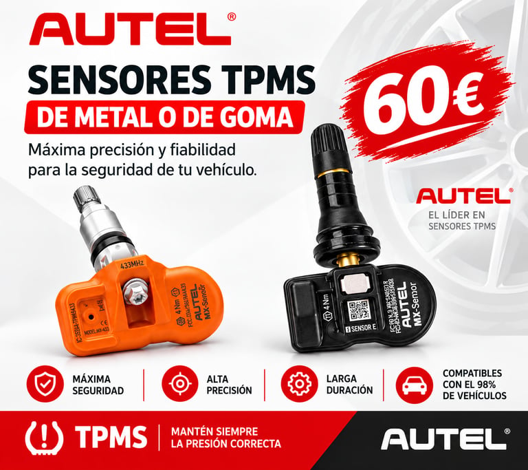 Two TPMS sensors displayed against a white background with Spanish text and pricing.
