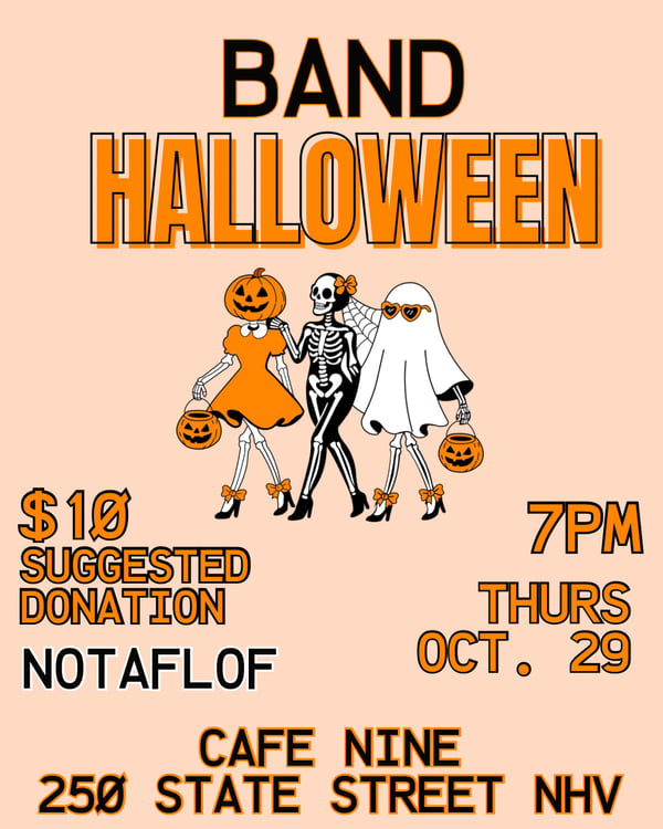 Halloween band event poster with cartoon skeletons and ghosts holding jack-o'-lantern buckets.