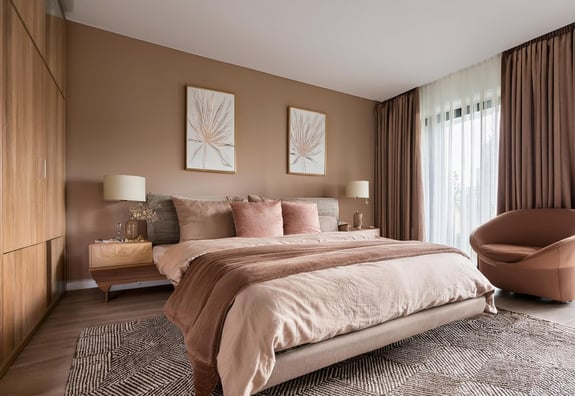 Modern bedroom with neutral tones and minimalist decor.