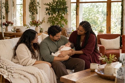Family of four cuddling newborn on sofa in sunlit living room.