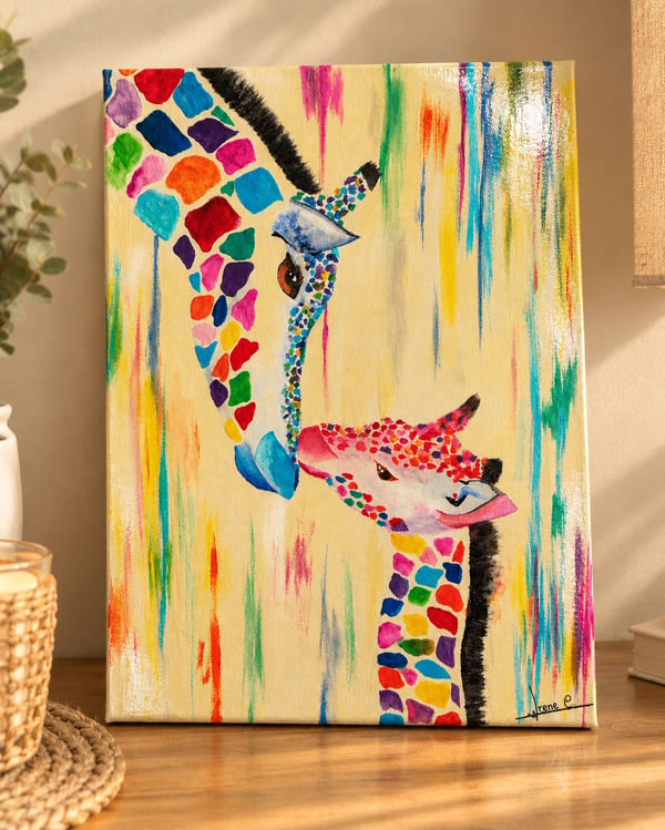A vibrant abstract giraffe painting on canvas displayed on a wooden table.