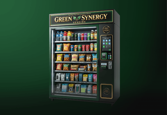 Modern vending machine stocked with snacks and drinks against a dark green background.