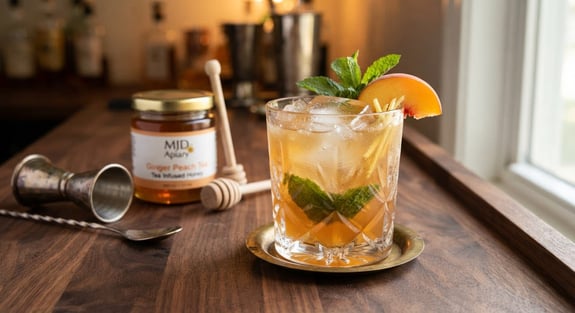 A refreshing peach cocktail with mint and ice on a wooden bar.