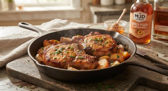 Seared pork chops with peaches in a cast iron skillet on a wooden board.