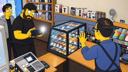 Cartoon characters in a cafe, one holding a phone, another gesturing at a display case.