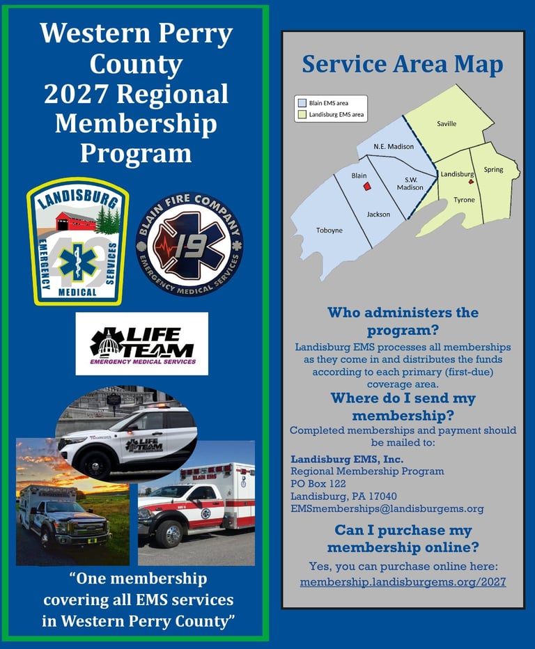 A regional EMS membership program brochure with service area map and contact info.