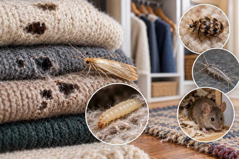 Damaged sweaters with moth holes and inset images of pests causing damage.