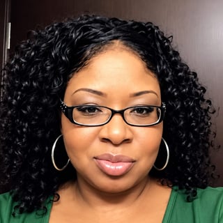 Woman with curly hair and glasses in a green top looking at camera