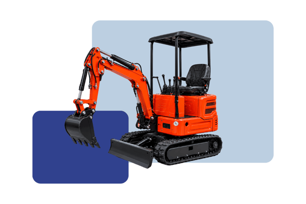 Compact orange mini excavator on a graphic background