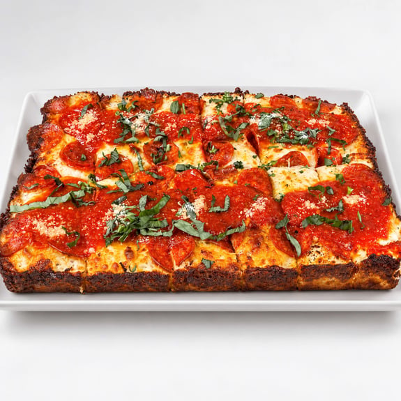 Chicago-style deep-dish pizza on a white platter, cut into squares.