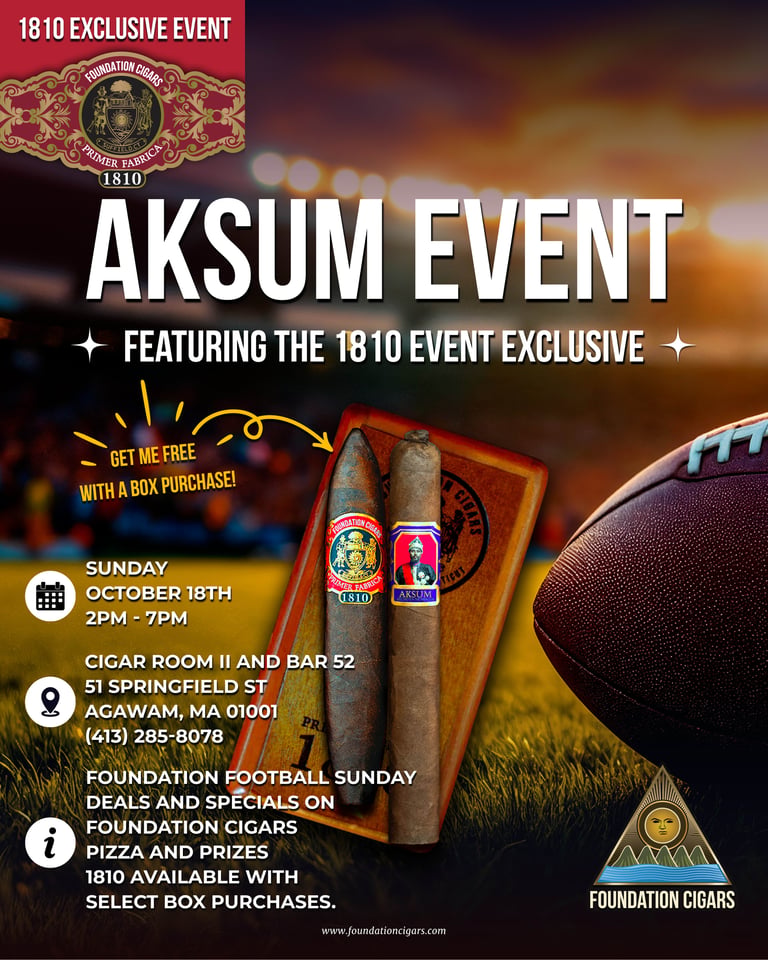 Cigar box with two cigars and football on grass at sunset event poster