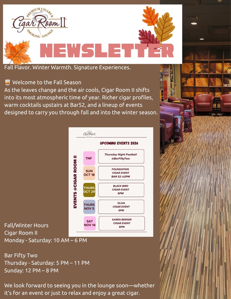 A newsletter graphic for a cigar lounge with event calendar and seasonal messaging.