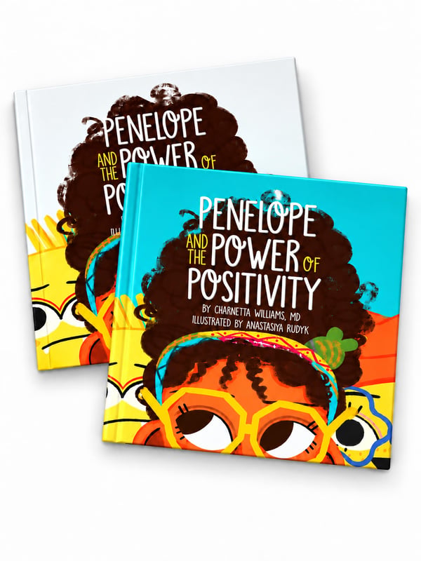 Two colorful children's books titled 'Penelope and the Power of Positivity' displayed at an angle.