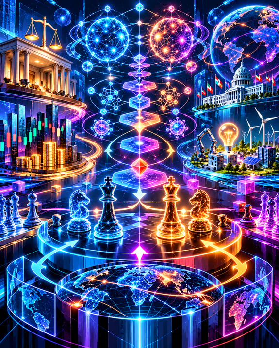 Digital chessboard with glowing pieces and global data streams.
