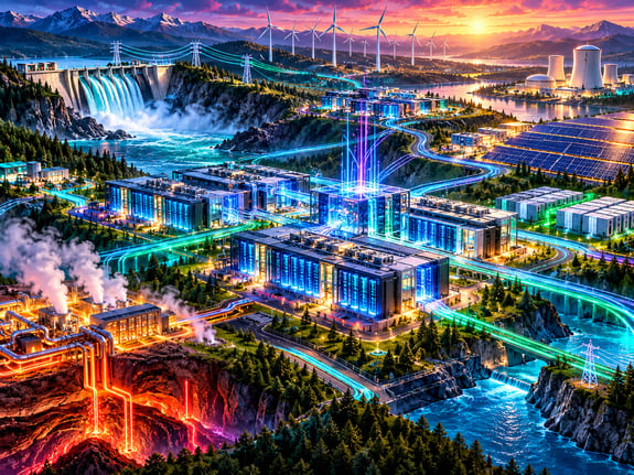 Futuristic cityscape with glowing buildings, wind turbines, and a dam at sunset.