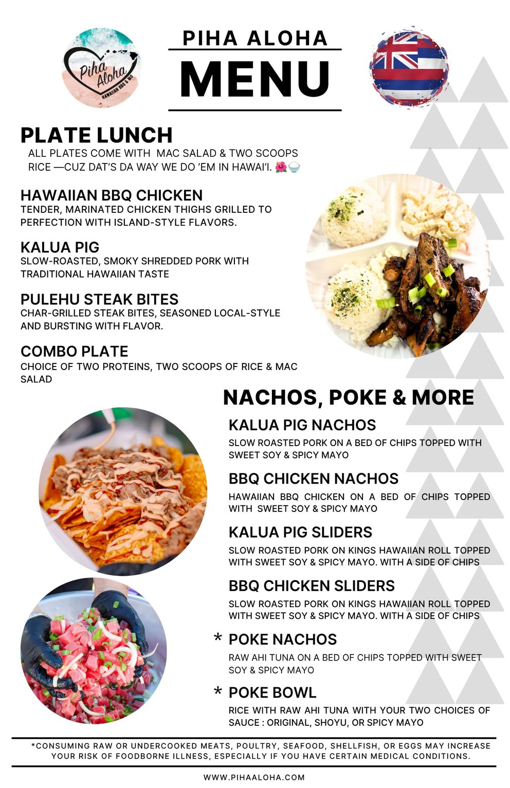 A Hawaiian restaurant menu with plated food photos and bold typography.