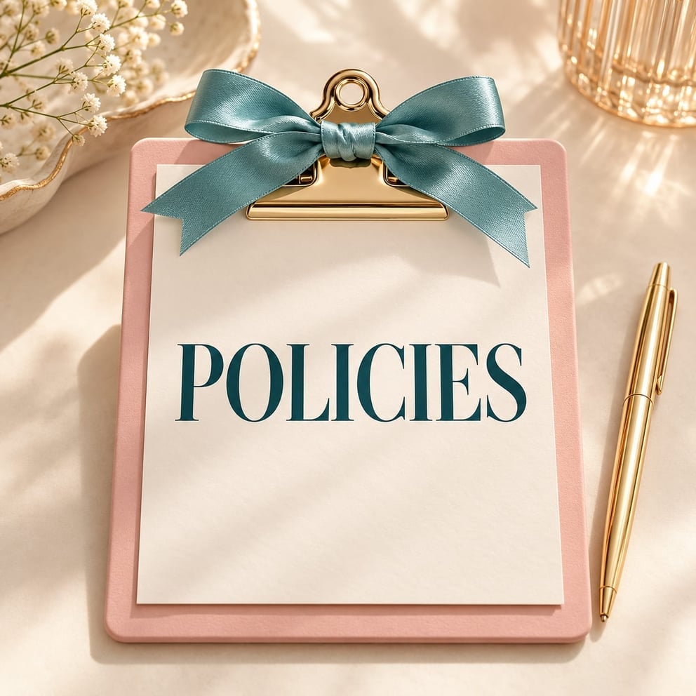 A clipboard with a teal bow holds a paper labeled 'POLICIES' on a sunlit surface.