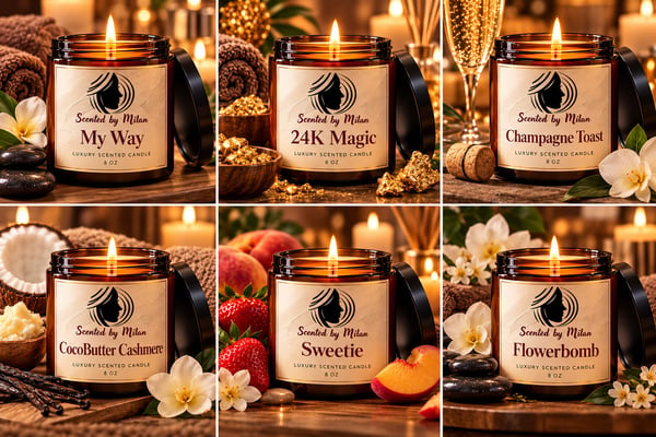 Six luxury scented candles in amber jars with lit wicks and themed decor.