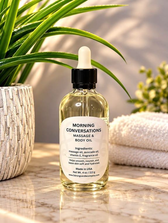 Glass bottle of massage oil with dropper on marble countertop beside plant and towel