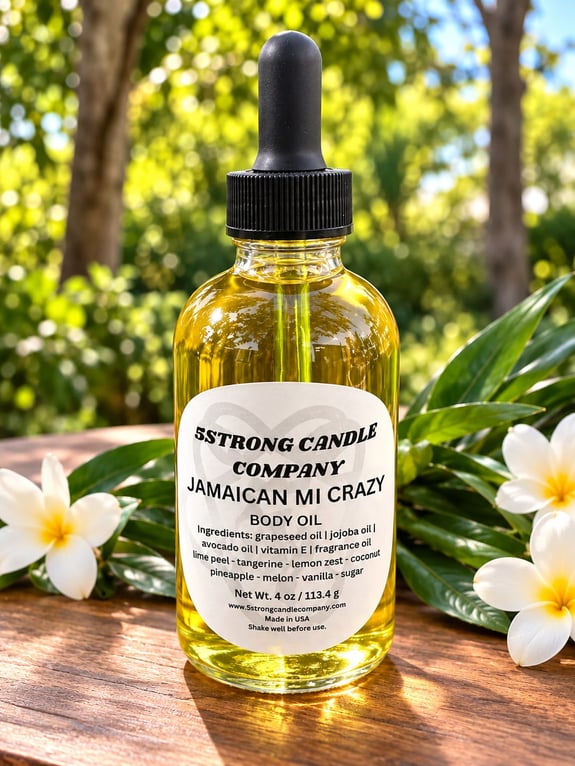 A glass bottle of body oil with a black dropper cap on a wooden table.