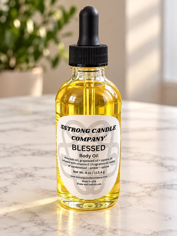 A clear glass bottle of golden body oil with a black dropper cap.