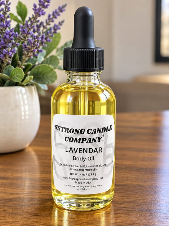 A clear glass bottle of lavender body oil with a black dropper cap.