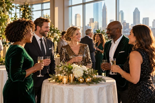 Colleagues enjoying a holiday reception with festive greenery, gold decorations, and city views through tall windows.