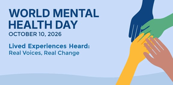 Graphic promoting World Mental Health Day with stylized hands in support.